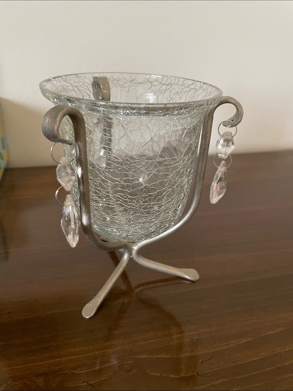Crackle Glass Votive Holder with Hanging Crystal Drops